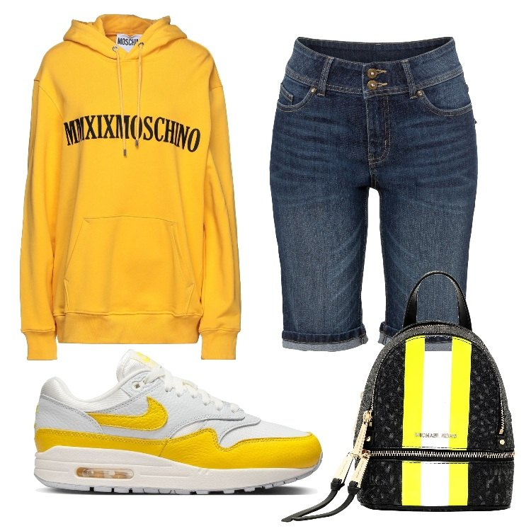 Outfit donna - Donna Curvy giallo. Stile Urban per Tutti i giorni. look ideale per Premaman. Abbinamento con bermuda, felpe con cappuccio, zaini, sneakers.