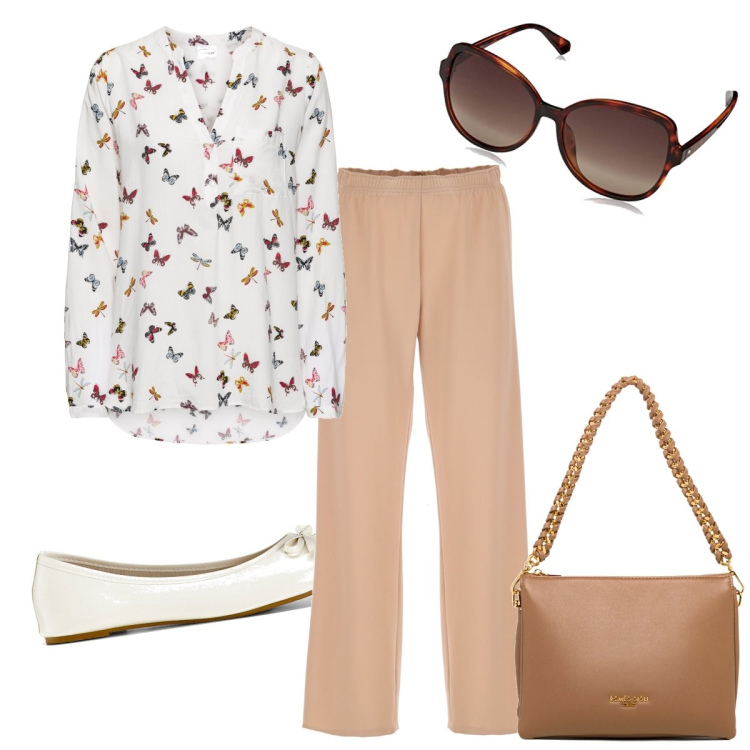 Outfit donna - In giro con le farfalle. Stile Basic per Tutti i giorni. Abbinamento con bluse, ballerine, pantaloni a palazzo, borse a tracolla, occhiali da sole.