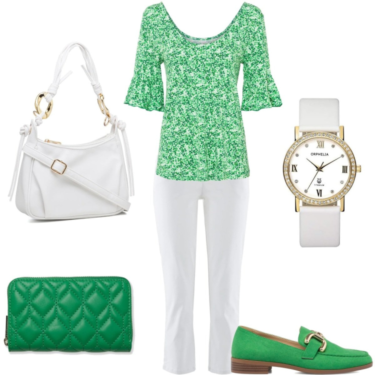 Outfit donna - Mocassini verdi eleganti. Stile Casual chic per Ufficio. Abbinamento con pantaloni, maglieria, mocassini, portafogli, borse a mano, orologi analogici.