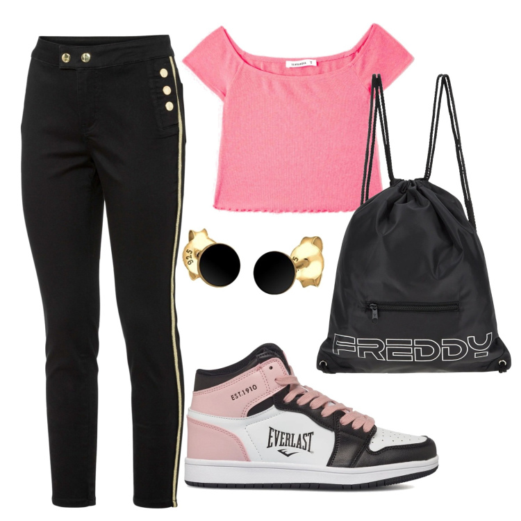Outfit donna - Sneakers alte. Stile Basic per Tutti i giorni. Abbinamento con pantaloni, t-shirt, zaini, sneakers alte, orecchini.