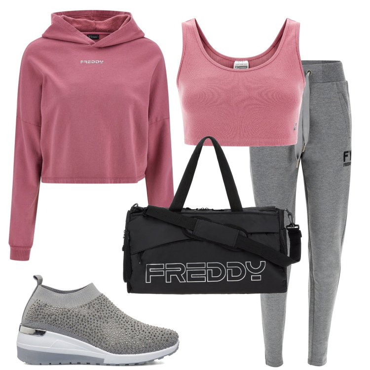 Outfit donna - Pronta per la palestra. Stile Basic per Sport. Abbinamento con borse sportive, pantaloni, felpe con cappuccio, top, sneakers.