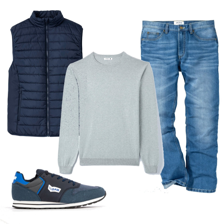Outfit uomo - Smanicato 3 jeans. Stile Urban per Tutti i giorni. Abbinamento con gilet, jeans dritti, pullovers, sneakers.