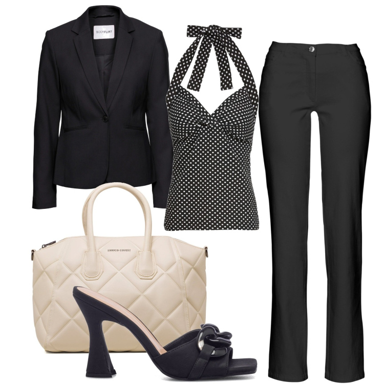 Outfit donna - Il top annodato a pois. Stile Casual chic per Ufficio. Abbinamento con pantaloni, blazer, top, sandali in pelle, borse a mano.