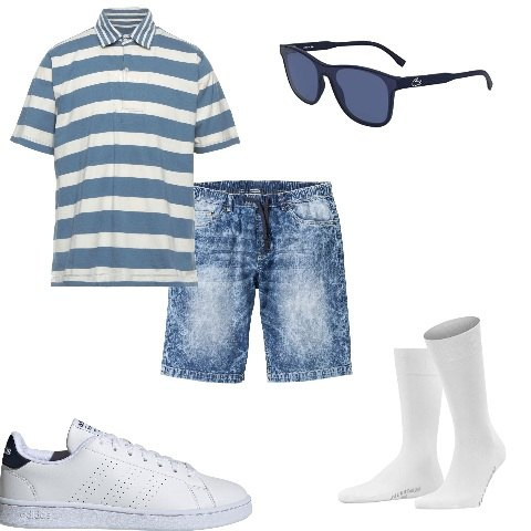Outfit uomo - In bermuda e polo. Stile Casual per Tutti i giorni. Abbinamento con bermuda, polo, sneakers alte, occhiali da sole, calzini.