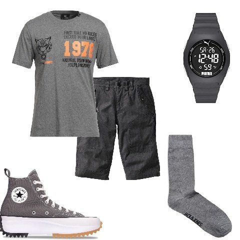 Outfit uomo - In grigio antracite causal. Stile Casual per Tutti i giorni. Abbinamento con bermuda, t-shirt, sneakers, orologi digitali, calzini.