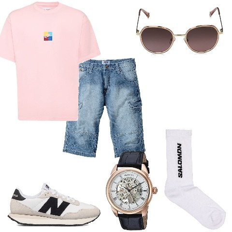 Outfit uomo - Bermuda nella bella stagione. Stile Casual per Tutti i giorni. Abbinamento con bermuda, sneakers, calzini, orologi, occhiali da sole, t-shirt.