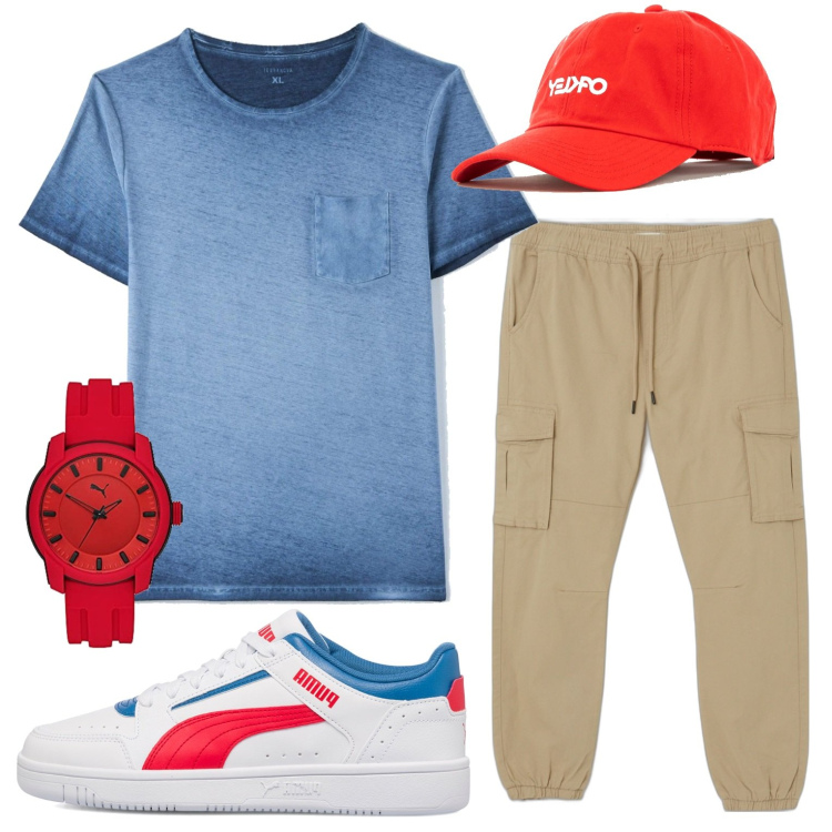 Outfit uomo - Sportivo. Stile Urban per Tutti i giorni. Abbinamento con t-shirt, cappelli, pantaloni cargo, sneakers, orologi.