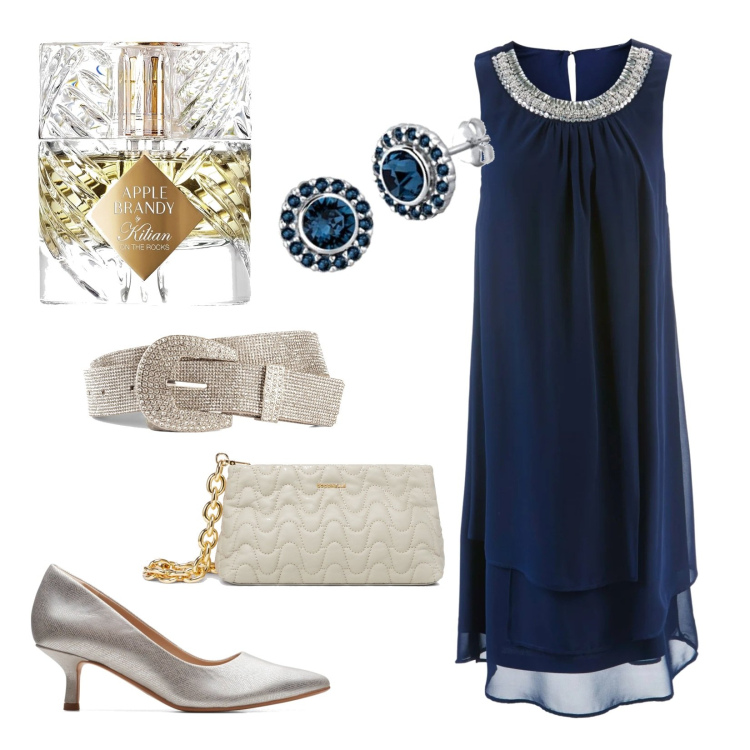 Outfit donna - Perla blu. Stile Bon Ton per Cerimonia. Abbinamento con vestiti, cinture, décolleté, clutch, orecchini, profumi.