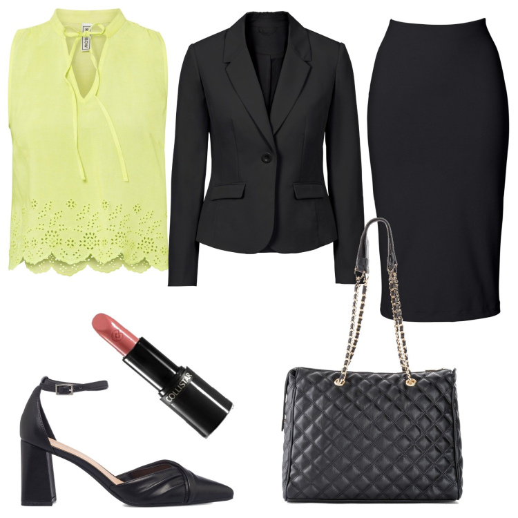 Outfit donna - Bon Prix bon ton. Stile Bon Ton per Serata fuori. Abbinamento con gonne longuette, shopping bag, top, blazer, décolleté, rossetti.