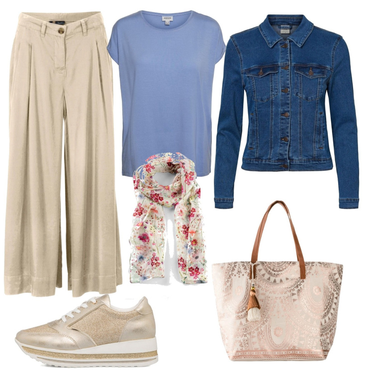 Outfit donna - Sneakers oro. Stile Basic per Tutti i giorni. Abbinamento con foulard, pantaloni capri, shopping bag, sneakers, giacche, t-shirt.