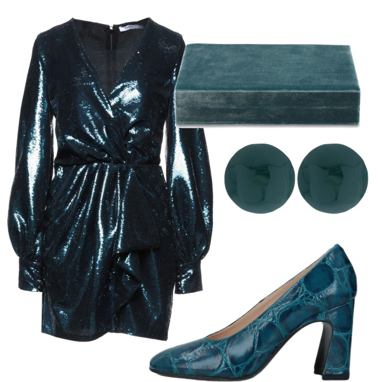 Outfit donna - Abito blu con paillettes. Stile Chic per Cerimonia. Abbinamento con décolleté, vestiti corti, pochette, orecchini.