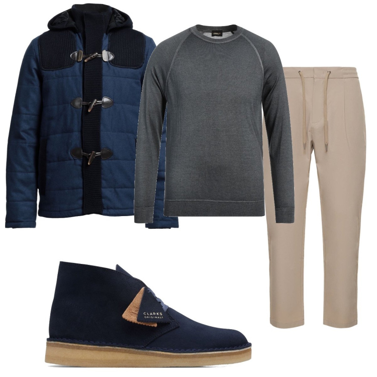 Outfit uomo - Pantalone beige. Stile Casual per Tutti i giorni. Abbinamento con stivali, pullovers, montgomery, pantaloni.