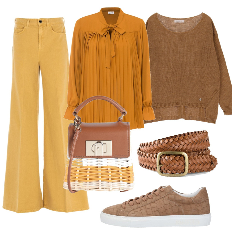 Outfit donna - Total look #1574380. Stile Boho per Tutti i giorni. Abbinamento con cinture, bluse, sneakers, borse a mano, maglieria, pantaloni a palazzo.