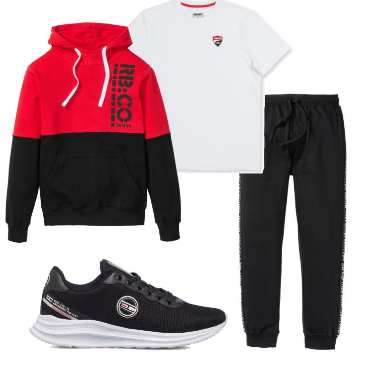 Outfit uomo - Casual #8275. Stile Casual per Sport. Abbinamento con felpe con cappuccio, pantaloni, scarpe sportive, t-shirt.