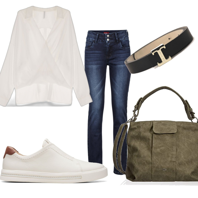 Outfit donna - Casual Friday. Stile Casual chic per Ufficio. Abbinamento con jeans, camicie, cinture, sneakers, ciondoli.
