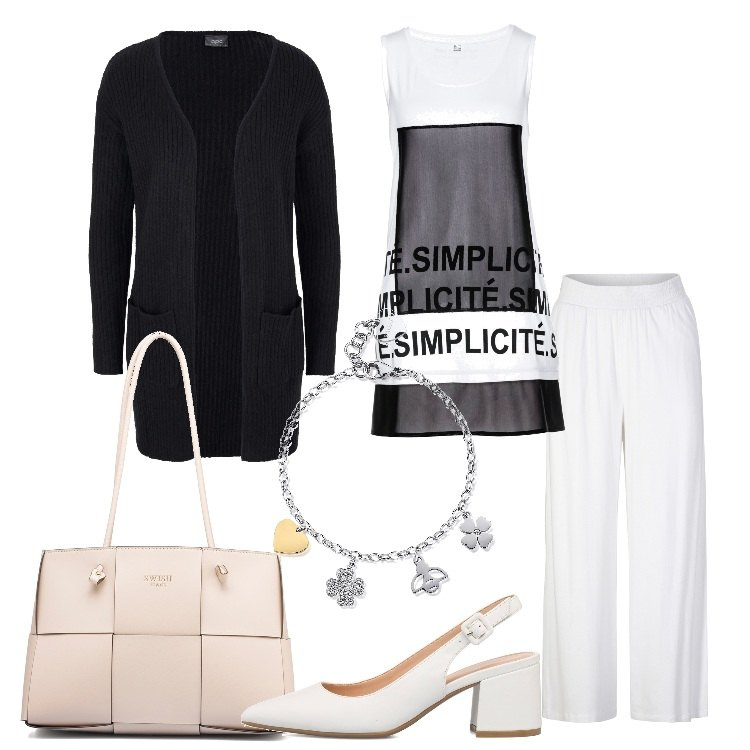 Outfit donna - Shopping con l\'amica del cuore. Stile Casual chic per Tutti i giorni. Abbinamento con pantaloni, top, cardigans, braccialetti, décolleté, borse a spalla.