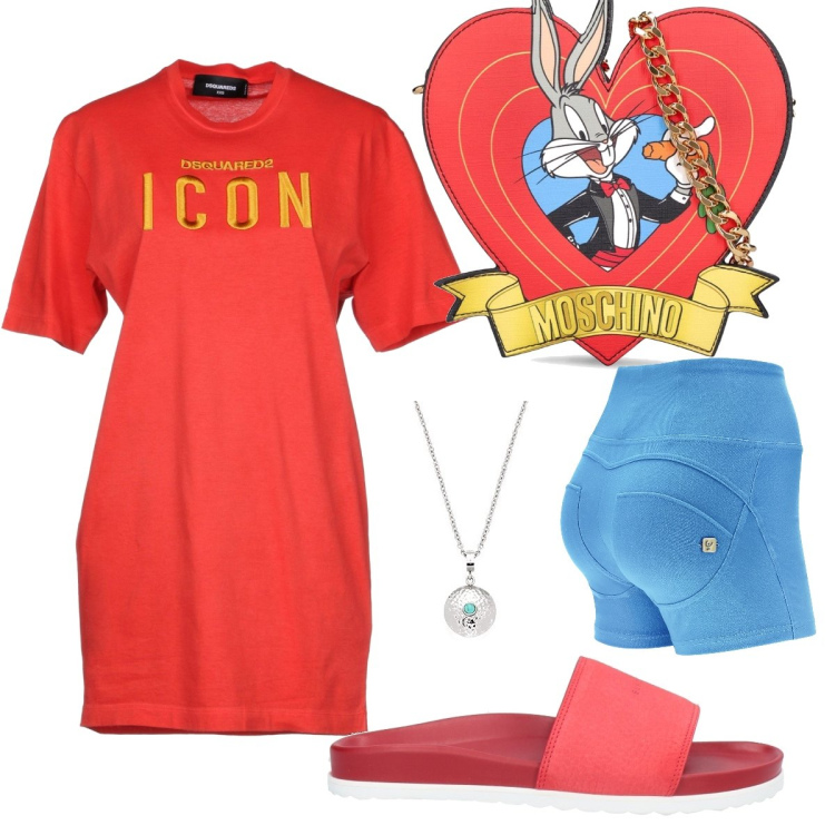 Outfit donna - Borsa Moschino a forma di cuore. Stile Basic per Tutti i giorni. Abbinamento con t-shirt, sandali in pelle, shorts, borse a spalla, ciondoli.