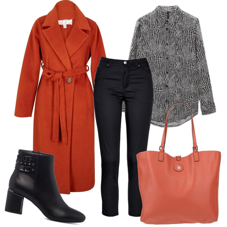 Outfit donna - Ancora con gli stivaletti. Stile Casual chic per Ufficio. Abbinamento con pantaloni, cappotti, borse a mano, camicie, stivaletti.