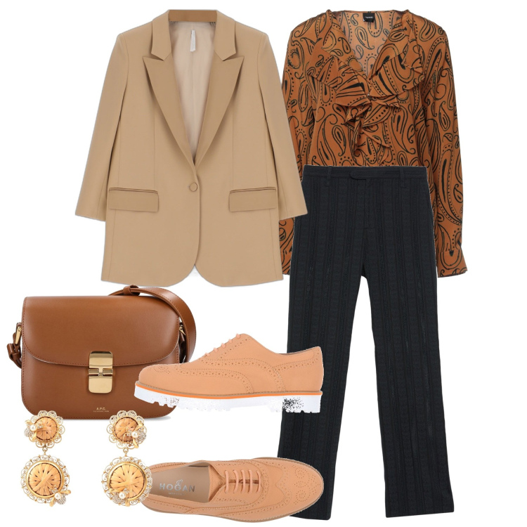 Outfit donna - Le rouches caramello. Stile Chic per Tutti i giorni. Abbinamento con scarpe stringate, camicie, orecchini, pantaloni, giacche, borse a spalla.