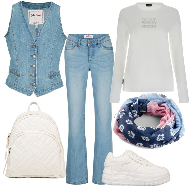 Outfit donna - Gilet& jeans. Stile Minimal per Tutti i giorni. Abbinamento con gilet, jeans bootcut, foulard, t-shirt, sneakers, zaini.
