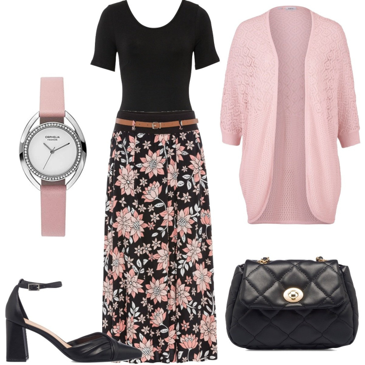 Outfit donna - Gonna a fiori. Stile Basic per Ufficio. Abbinamento con body, gonne lunghe, cardigans, décolleté, borse a tracolla, orologi analogici.