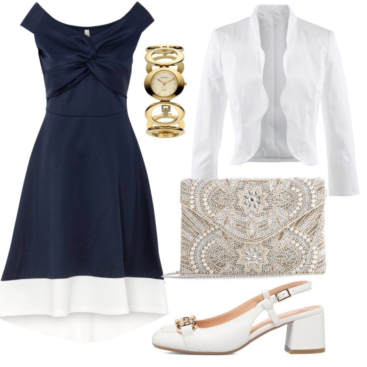 Outfit donna - Testimone di nozze. Stile Bon Ton per Cerimonia. Abbinamento con blazer, pochette, vestiti, décolleté, orologi.