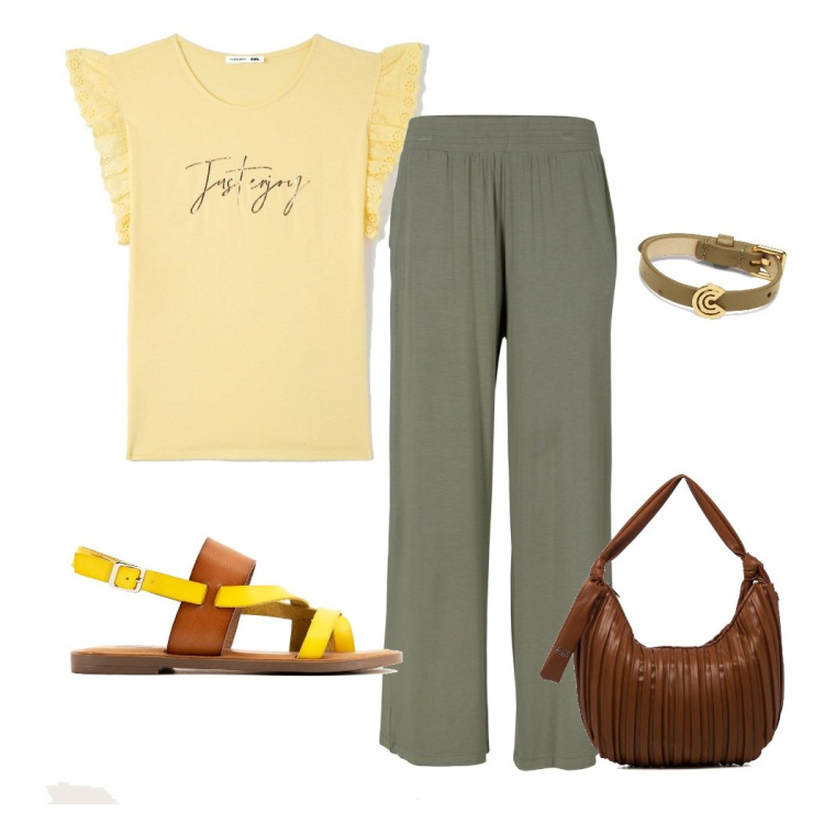 Outfit donna - La t-shirt gialla. Stile Casual chic per Tutti i giorni. Abbinamento con pantaloni, t-shirt, infradito, braccialetti, borse a spalla.