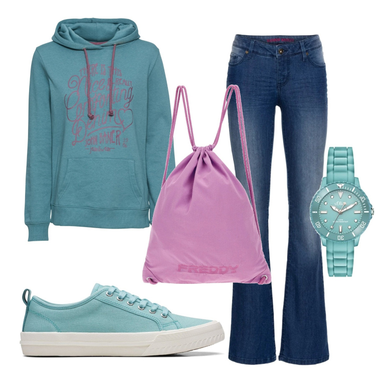 Outfit donna - Casual pastello. Stile Basic per Scuola/Università. Abbinamento con jeans bootcut, felpe con cappuccio, sneakers, zaini, orologi.