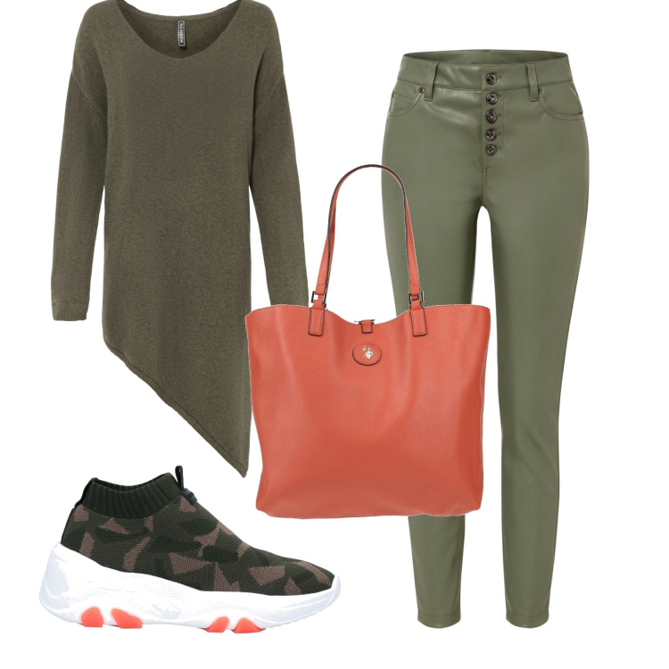 Outfit donna - Casual mezza stagione. Stile Basic per Tutti i giorni. Abbinamento con maglieria, pantaloni, sneakers, borse a mano.