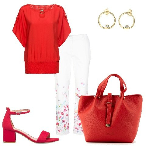 Outfit donna - La bella stagione. Stile Trendy per Tutti i giorni. Abbinamento con bluse, pantaloni, borse a tracolla, sandali in pelle, orecchini.