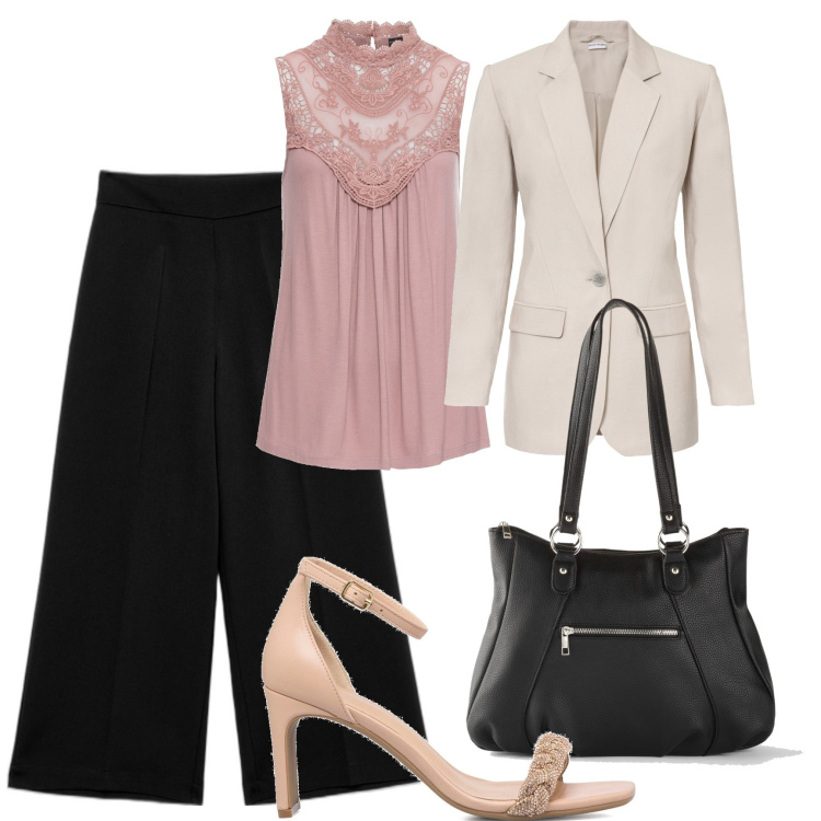 Outfit donna - Ufficio. Stile Casual chic per Tutti i giorni. Abbinamento con top, blazer, borse a mano, pantaloni capri, sandali in pelle.
