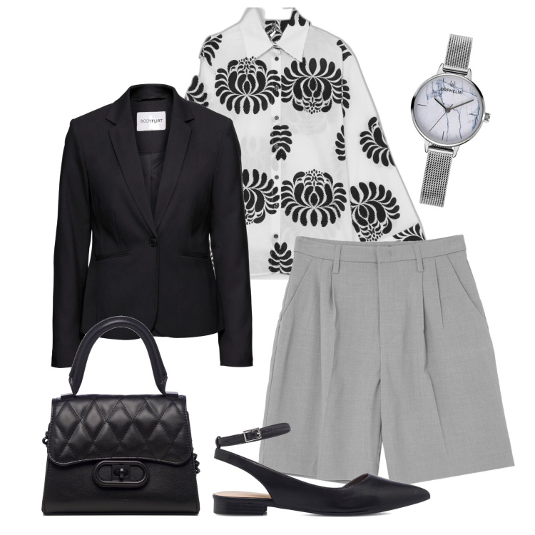 Outfit donna - Con le bermuda. Stile Casual per Tutti i giorni. Abbinamento con blazer, camicie, bermuda, ballerine, borse a mano, orologi analogici.