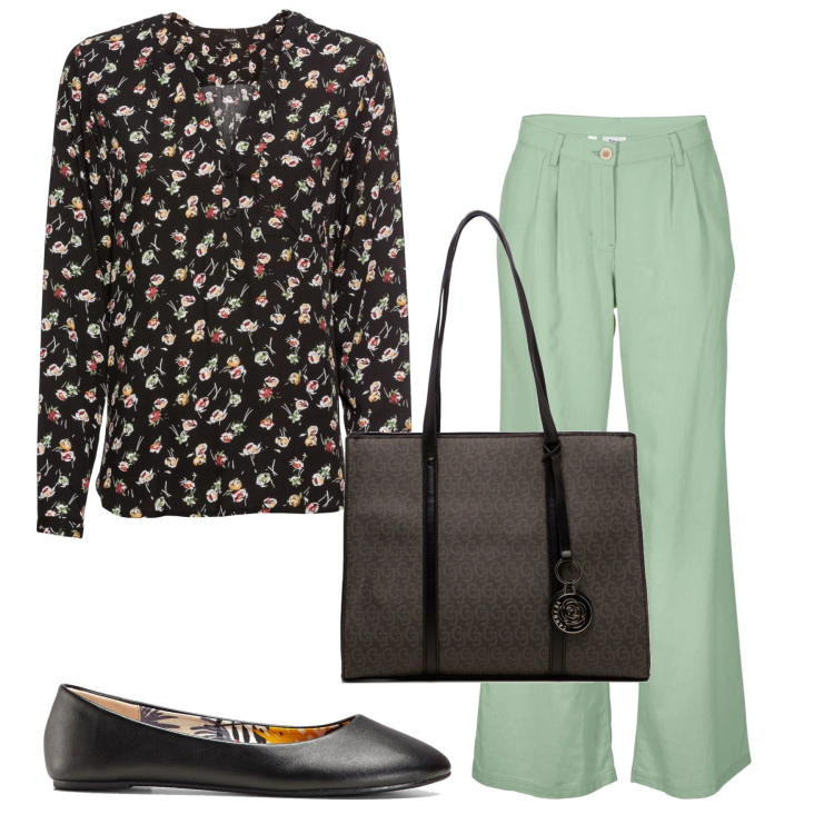 Outfit donna - La blusa a fiorellini. Stile Basic per Tutti i giorni. Abbinamento con bluse, ballerine, pantaloni, borse a spalla.