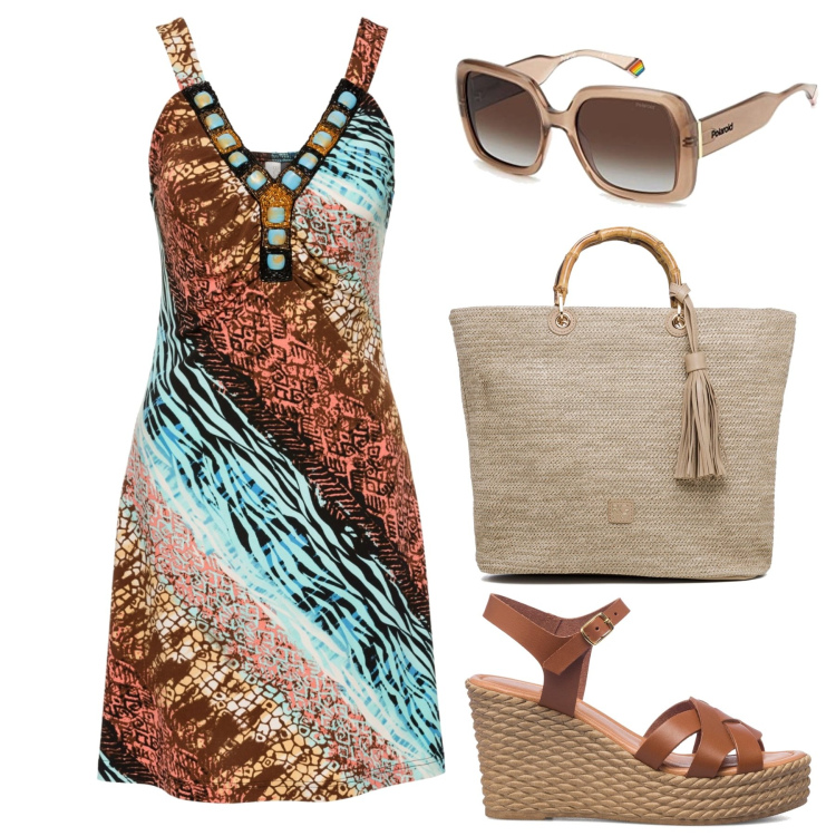Outfit donna - Aspettando l\'estate. Stile Boho per Mare. Abbinamento con vestiti, borse a mano, sandali in pelle, occhiali da sole.