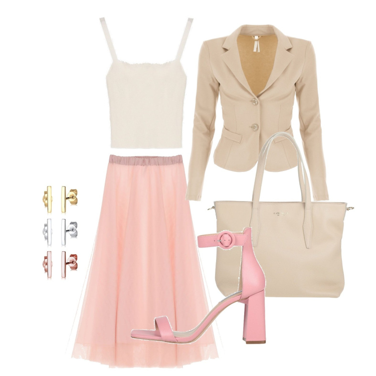 Outfit donna - Ghost outfitter - a marzo. Stile Glamour per Tutti i giorni. Abbinamento con sandali col tacco, borse a mano, gonne longuette, giacche, canottiere, orecchini.