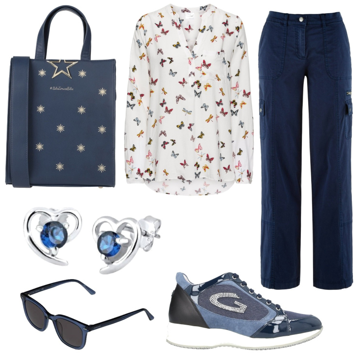 Outfit donna - I cargo blu. Stile Casual per Tutti i giorni. Abbinamento con pantaloni cargo, bluse, sneakers, borse a mano, orecchini, occhiali da sole.
