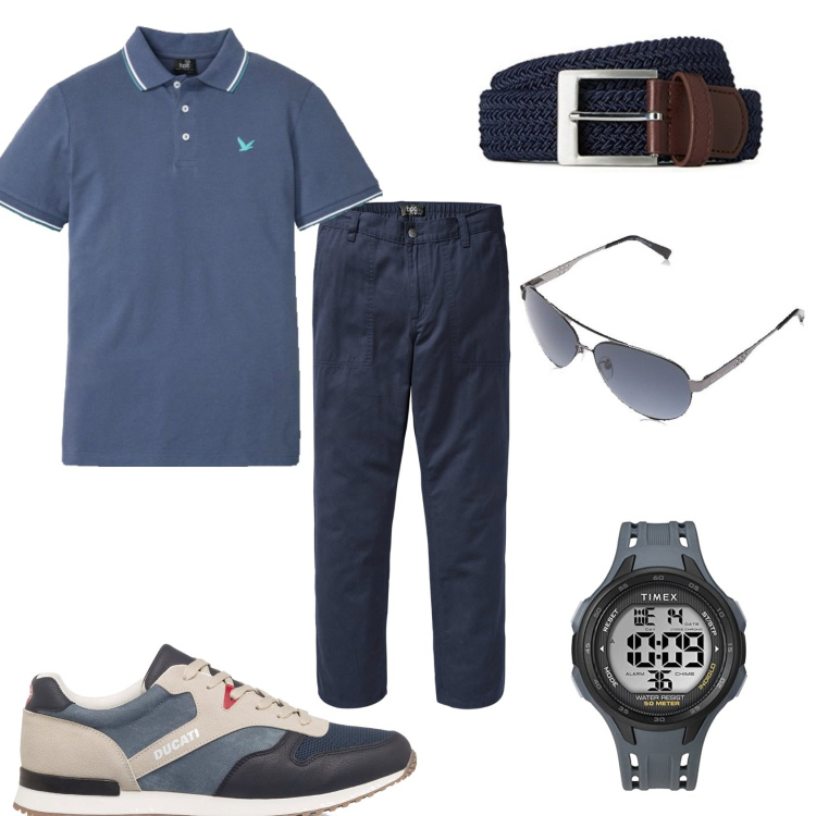 Outfit uomo - Mi vesto in blu. Stile Trendy per Tutti i giorni. Abbinamento con polo, pantaloni, sneakers, occhiali da sole, cinture, orologi digitali.