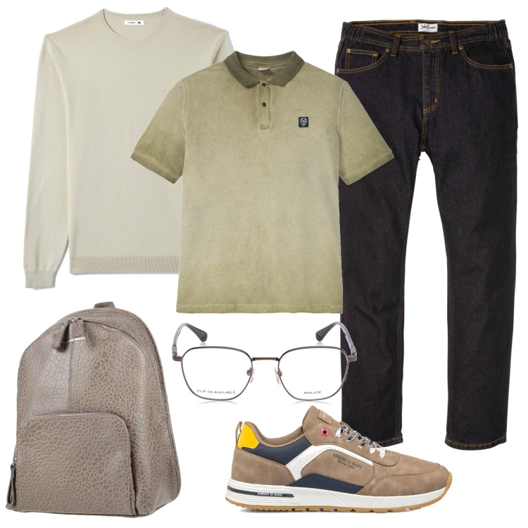 Outfit uomo - Jeans e polo. Stile Casual per Ufficio. Abbinamento con jeans dritti, polo, borse sportive, pullovers, sneakers, occhiali.