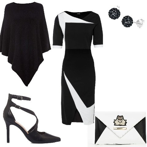 Outfit donna - In nero e bianco astratto. Stile Chic per Serata fuori. Abbinamento con vestiti a tubino, cappotti, pochette, décolleté, orecchini.