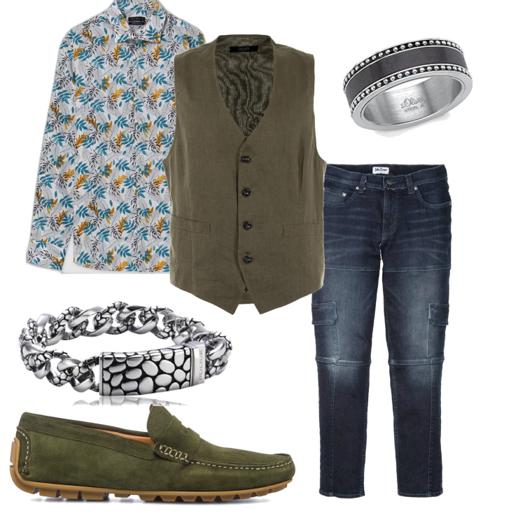 Outfit uomo - Mi vesto trendy. Stile Trendy per Serata speciale. Abbinamento con jeans slim fit, gilet, camicie, scarpe stringate, braccialetti, anelli.