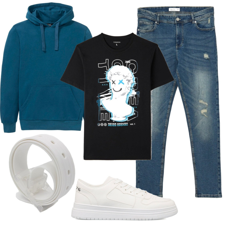 Outfit uomo - Shopping time. Stile Urban per Tutti i giorni. Abbinamento con felpe con cappuccio, t-shirt, jeans skinny, sneakers, cinture.