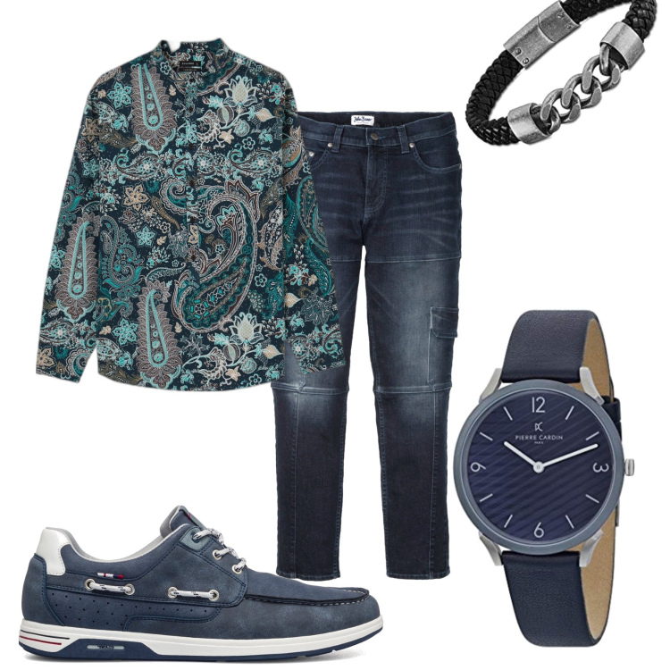 Outfit uomo - Trendy in jeans. Stile Trendy per Tutti i giorni. Abbinamento con jeans slim fit, camicie, scarpe stringate, orologi, braccialetti.
