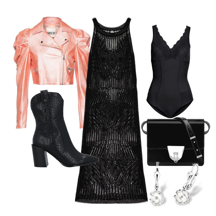 Outfit donna - Ghost outfitter - a marzo. Stile Trendy per Serata fuori. Abbinamento con body, stivaletti, giacche, vestiti midi/longuette, borse a spalla, orecchini.