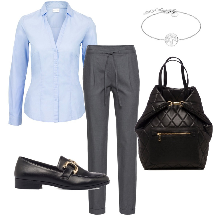 Outfit donna - Stile mannish in ufficio. Stile Mannish per Ufficio. Abbinamento con pantaloni, camicie, mocassini, borse a secchiello, braccialetti.