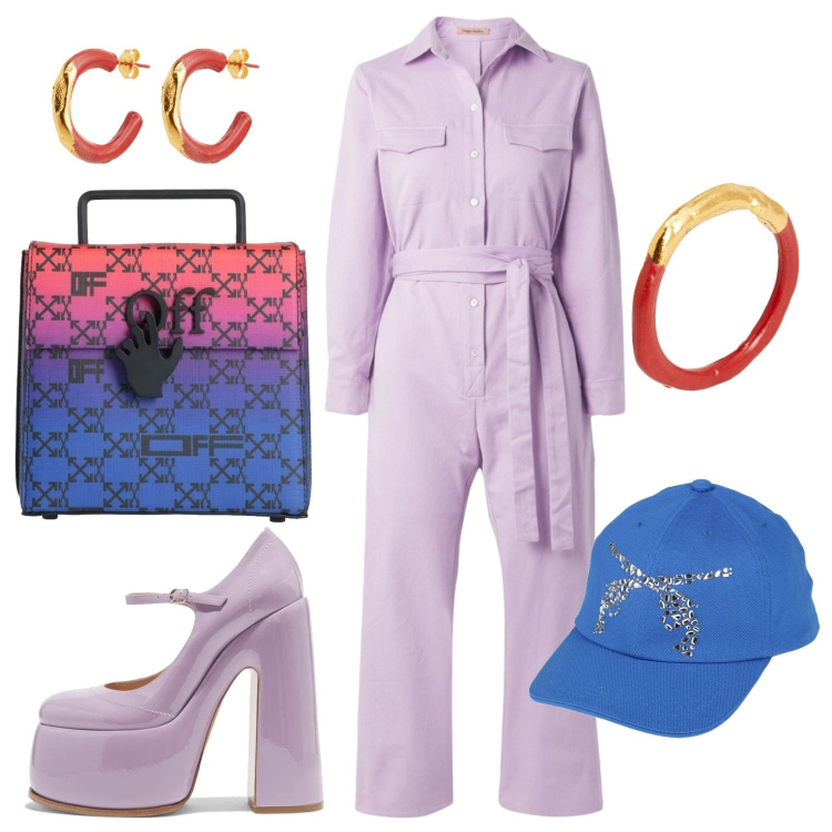 Outfit donna - Casual chic. Stile Casual chic per Serata fuori. Abbinamento con cappelli con visiera, tute, anelli, orecchini, borse a mano, décolleté.
