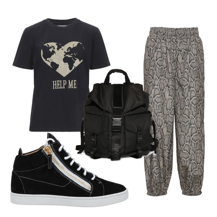 Outfit donna - Total look #1575577. Stile Trendy per Tutti i giorni. Abbinamento con sneakers, t-shirt, zaini, pantaloni.