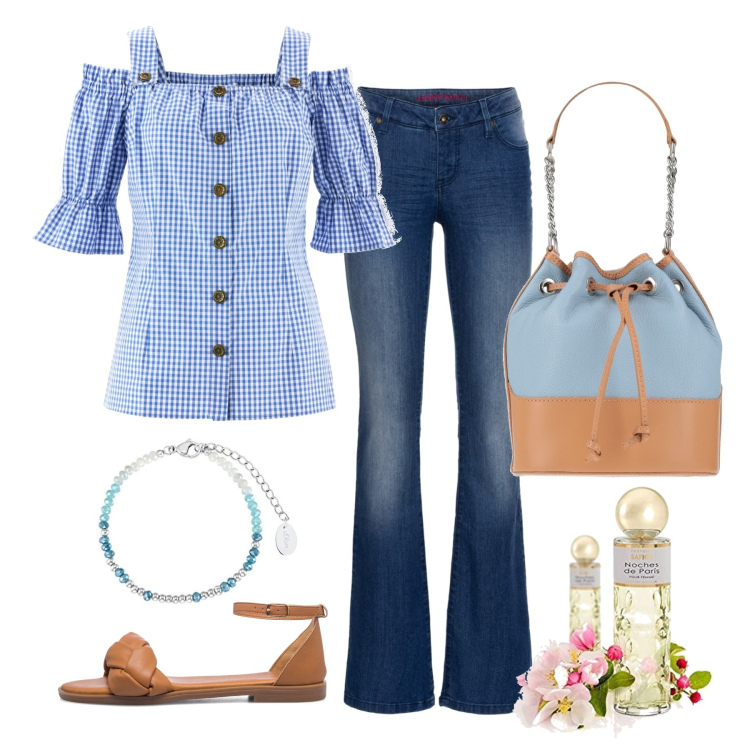 Outfit donna - In città. Stile Romantica per Tutti i giorni. Abbinamento con camicie a manica corta, jeans bootcut, borse a mano, sandali in pelle, profumi, braccialetti.