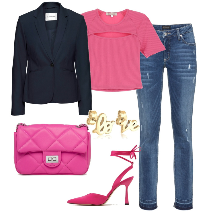 Outfit donna - In città. Stile Trendy per Tutti i giorni. Abbinamento con jeans skinny, blazer, maglieria, décolleté, borse a tracolla, orecchini.