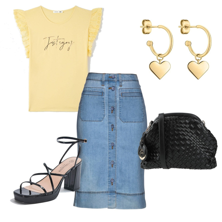 Outfit donna - Giallo mimosa. Stile Basic per Tutti i giorni. Abbinamento con gonne, borse a tracolla, t-shirt, sandali in pelle, orecchini.