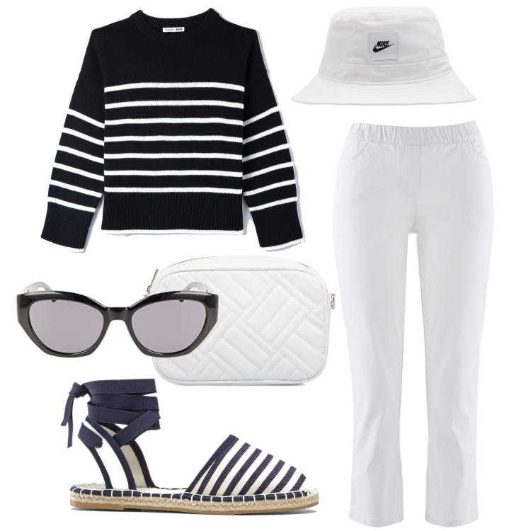Outfit donna - Weekend. Stile Chic per Tutti i giorni. Abbinamento con pantaloni, espadrillas, maglieria, borse a tracolla, cappelli, occhiali da sole.